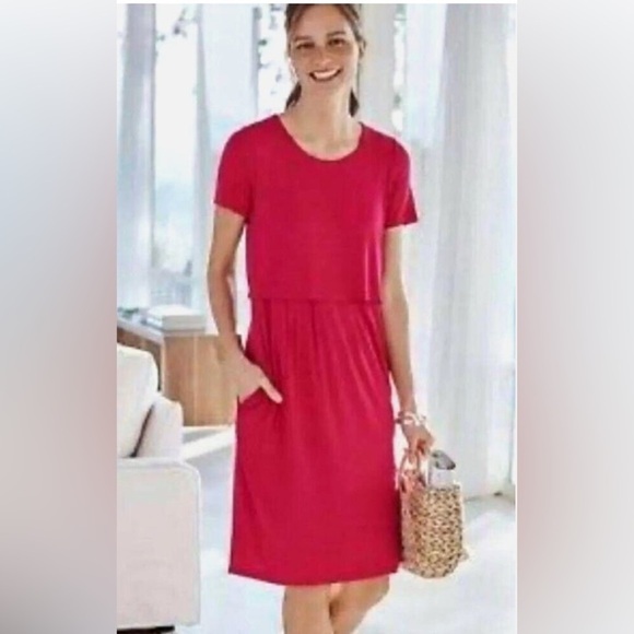 J Jill Sangria Red Slub Knit Layered Dress Size L Buttons Back Pockets Stretch - Picture 14 of 14